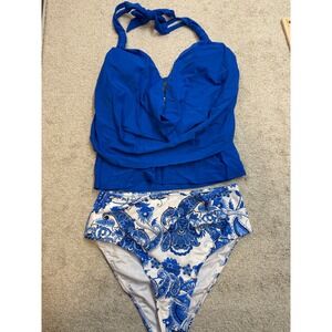 Cupshe Royal‎ Blue Paisley Print Halter Tankini Swimsuit Set Women's M